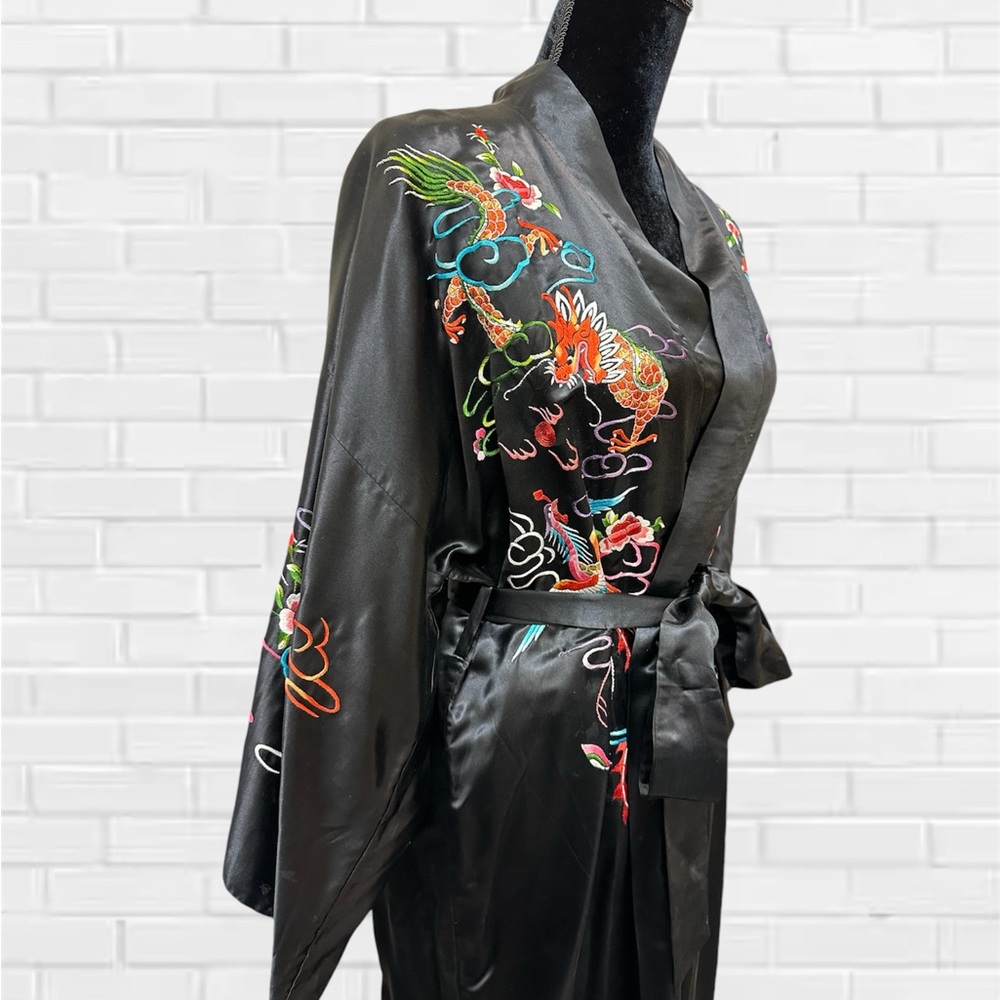 Vintage Plum Blossom Size Medium Black Silk Authentic Chinese Kimono Robe